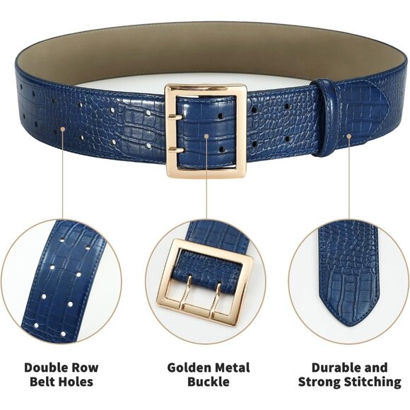 Women Leather Wide Fashion Thick Dress Belt With Gold Buckle Belt Navy Gold - Picture 4 of 6